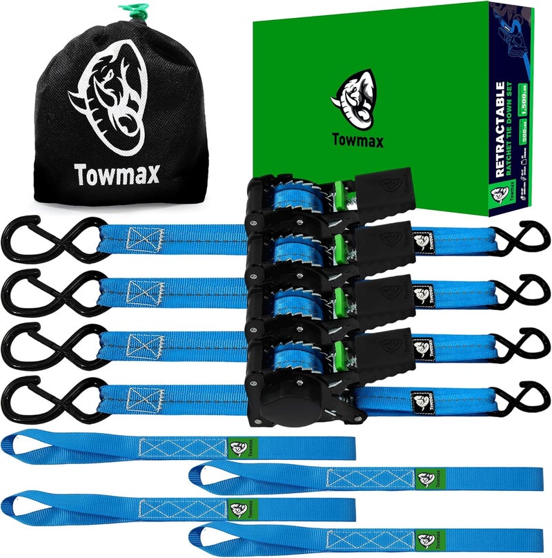 Tow-max Retractable Ratchet Straps(4 Pack) - 1in x 10ft Self Retracting Ratchet Straps with Soft Loops, 1,500 lbs Break Strength Retractable Tie Down Straps, Easy Retract for Motorcyle, Cargo, Truck, Trailer - Image 1